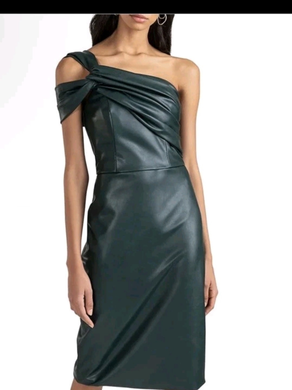 Shoshanna One-Shoulder Dark Green Faux Leather Dress